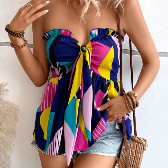 Boho Abstract  Striped Geo Print Frill Knot Front Strapless Top Blouse Shirt - Picture 9 of 12
